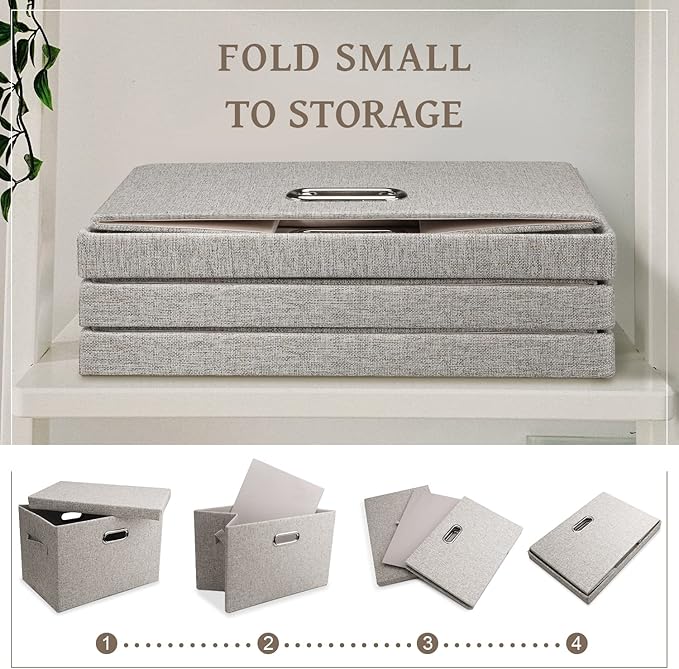 Large 17 36 Quart Collapsible Stackable Storage Bins with Lids, 1 Pack Beige Foldable Fabric Closet Storage Boxes with Lids, 4 Handles Toy Heavyduty Dark Gray Linen Storage Cube Box