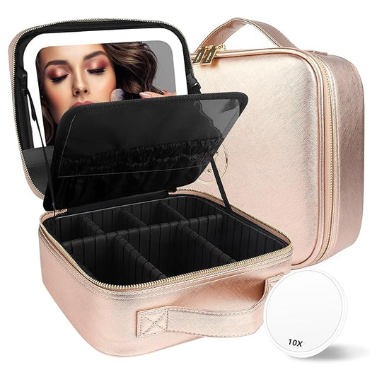 MOMIRA Travel Makeup Bag Cosmetic Bag Makeup Organizer Bag with Lighted Mirror, Adjustable Brightness in 3 Color Scenarios, Waterproof Makeup Train Case, Gift for Women - Champagne