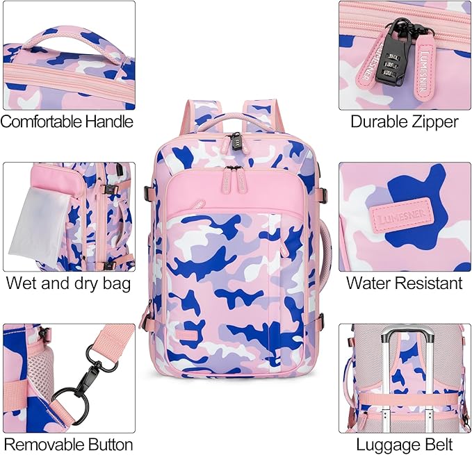 Travel Backpack 42L Carry on Backpack Flight Approved Expandable Travel Backpack Carry on Backpack Luggage Daypack (Pink Camouflage)