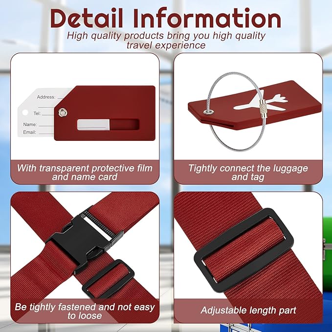Weewooday 8 Pcs Luggage Straps Suitcase Tags Set for TSA Approved, 4 Travel Adjustable Suitcase Belt, 4 Silicone Luggage Tags with Name ID Card Travel Accessories(Wine Red,Airplane)