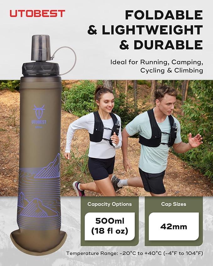 UTOBEST 500ml Soft Flask, 2 Pack Flexible TPU Hydration Water Bottle, Collapsible with 42mm Caliber for Running, Hiking, Cycling, Climbing, and Marathon Purple