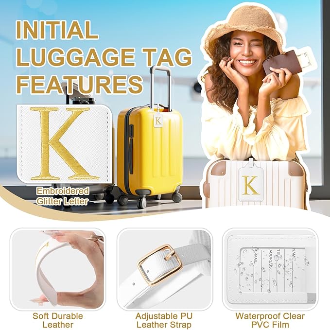 Personalized Initial Luggage Tags for Suitcase TSA Approved, White Leather Cute Luggage Tag with Privacy Cover Name Card, Embroidered Custom Luggage Tags Travel Baggage Tags Gifts for Women Kids(K)