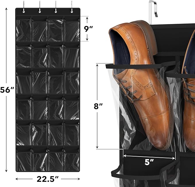 Simple Houseware 24 Pockets Large Clear Pockets Over The Door Hanging Shoe Organizer, Black (56" x 22.5")