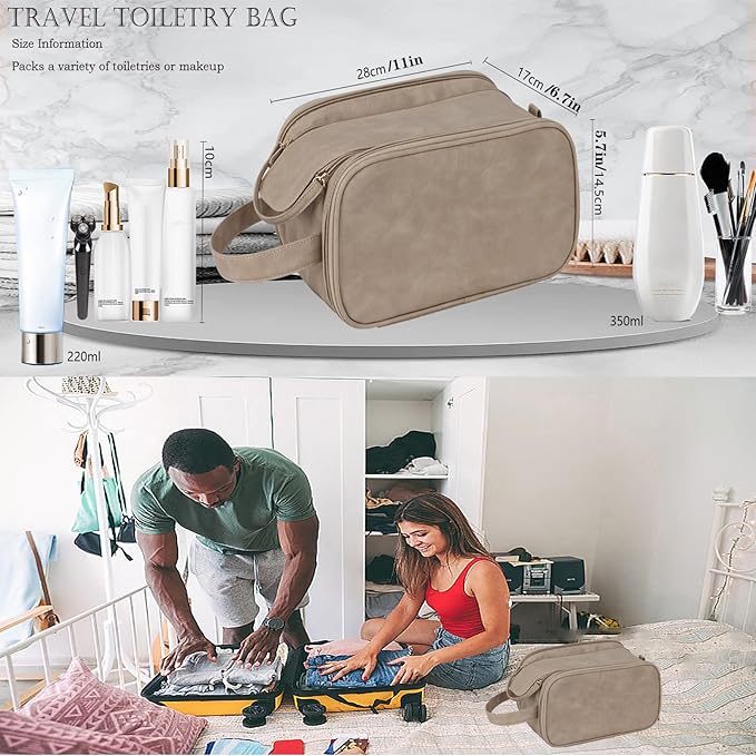 Travel Toiletry Bag for Women PU Leather Triple-layer Double Zipper Toiletry Bags,Waterproof with Handle Mens Toiletry Bag Stowable Brushes, Toiletries Makeup for Business Trips Camping Bathroom Brown