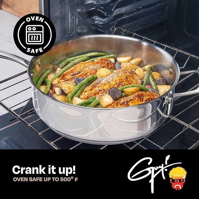 Guy Fieri's Flavortown 5 Qt. Stainless Steel Sautepan with Lid - Premium Three-Layer Cookware, Oven-Safe up to 500F