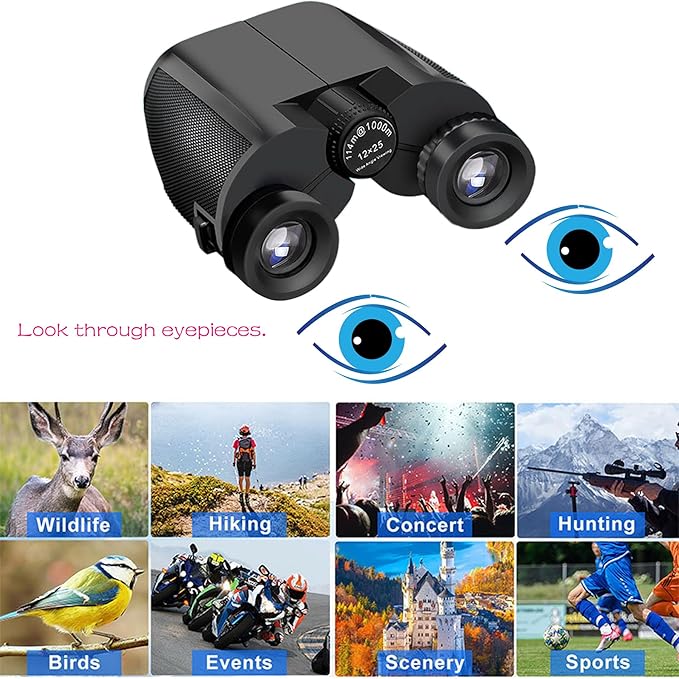 12x25 Compact Binoculars for Adults & Kids, High Powered Lightweight Waterproof Binoculars with Large Eyepiece, Low Light Vision for Bird Watching, Hunting, Travel, and Sightseeing