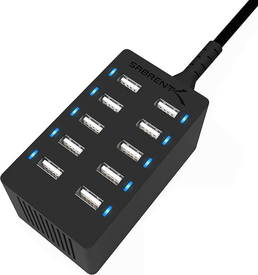 Sabrent 60 Watt (12 Amp) 10-Port [UL Certified] Family-Sized Desktop USB Rapid Charger. Smart USB Ports with Auto Detect Technology [Black] (AX-TPCS)