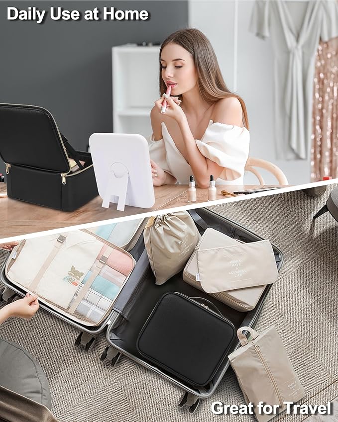 Chomeiu Makeup Bag with LED Mirror, Travel Makeup Case for Women and Makeup Artists Cosmetic Organizer Large Make Up Bags with Light Up Mirror, 3 Color Lights, Adjustable Dividers and Brush Holder