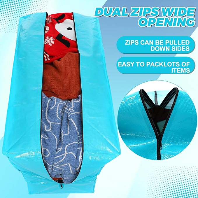 4 Pcs 66 Gallon Large Moving Bags with Zipper and Handles Foldable Storage Duffle Bags Heavy Duty Extra Large Totes for College Dorm Travel Clothes Blankets Bedding Moving(Lake Blue)
