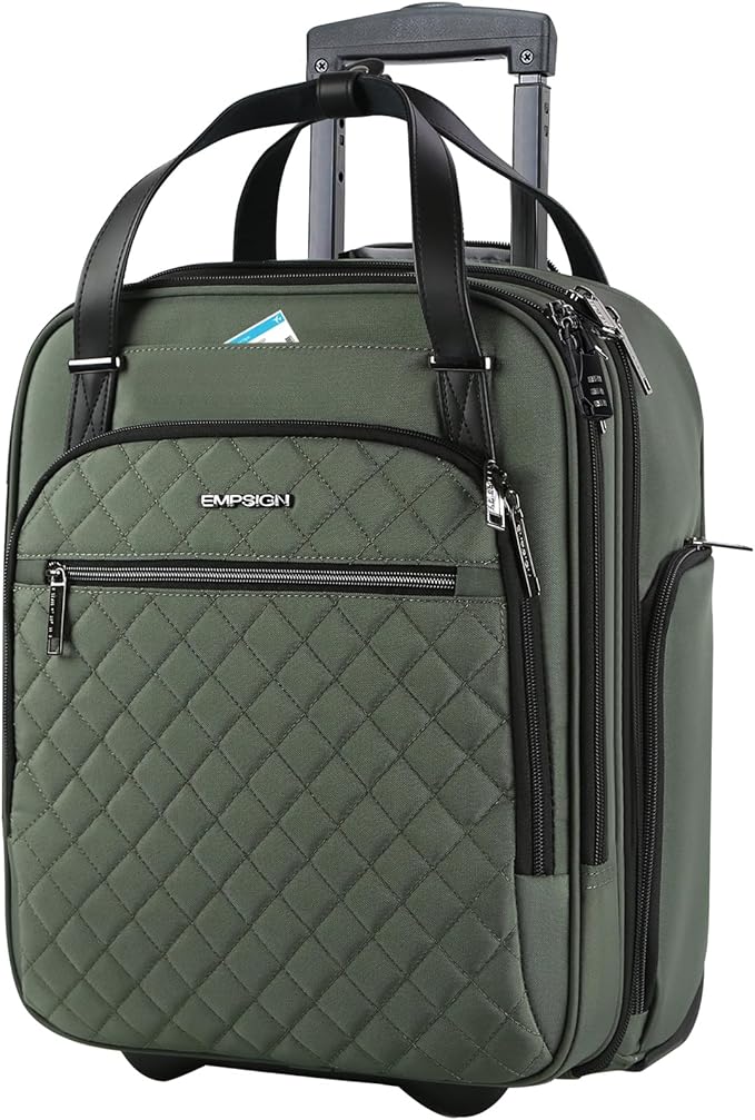 EMPSIGN Underseat Carry On Wheeled - 16" Carry on Bag with Wheels Multi-functional Lightweight Rolling Bag Overnight Weekender Small Suitcase for Women Men Travel Business, Army Green