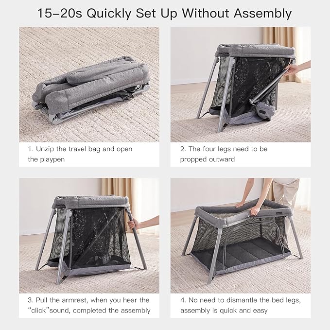 2 in 1 Portable Travel Crib for Toddler, Foldable Crib for Baby, Lightweight Playpen Collapsible Playard with Soft Mattress, Easy to Carry Baby Travel Bed for Outdoor, Indoor (Grey)