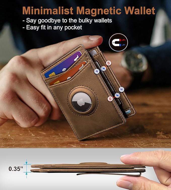 Airtag Wallet for Men- with Money Clip Gift Boxed, Magnetic Closure Slim Genuine Leather Front Pocket Wallet, 4.1"x 2.8", RFID Blocking