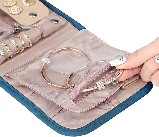 BELALIFE Travel Jewelry Case Organizer, Small Foldable Storage Roll for Earrings, Necklaces, Rings, Bracelets, Brooches, Lake-Blue