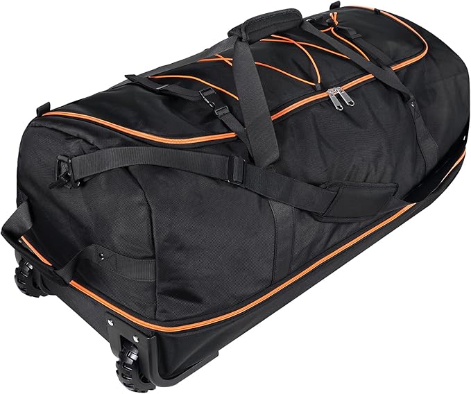 110L/140L Expandable Soft-Sided Foldable Duffle Bag with 2 Rubber Wheels,Packable 32” Rolling Carry-On with Multi-Pockets & Compartments,Black Orange
