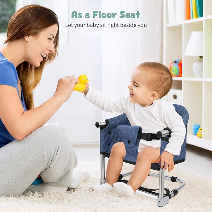 Booster Seat for Dining Table: Portable Toddler Booster Chair with Safety Buckle and Height Adjustable, Foldable Baby Feeding Chair, Kids High Chair Booster Seat for Kitchen Home Travel - Navy Blue