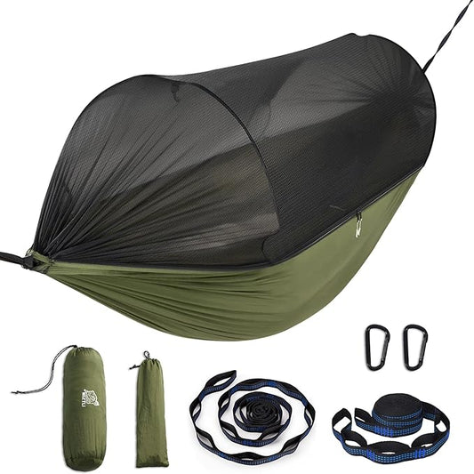 Miztli Camping Hammock -Portable Hammock w/Spacious Net & Tree Straps w/Adjustable Loops, Double and Single Hammock for Outdoor, Indoor, Hiking and Travel