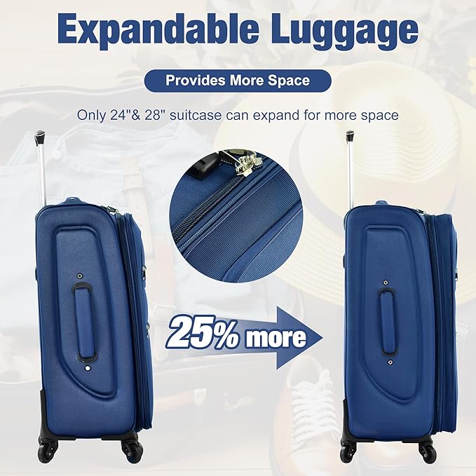 Merax Softside Luggage Set Softshell Lightweight 3 Piece Spinner Suitcase with Duffel Bag Expandable Upright Travel Luggage 22" 26" 30",Navy Blue