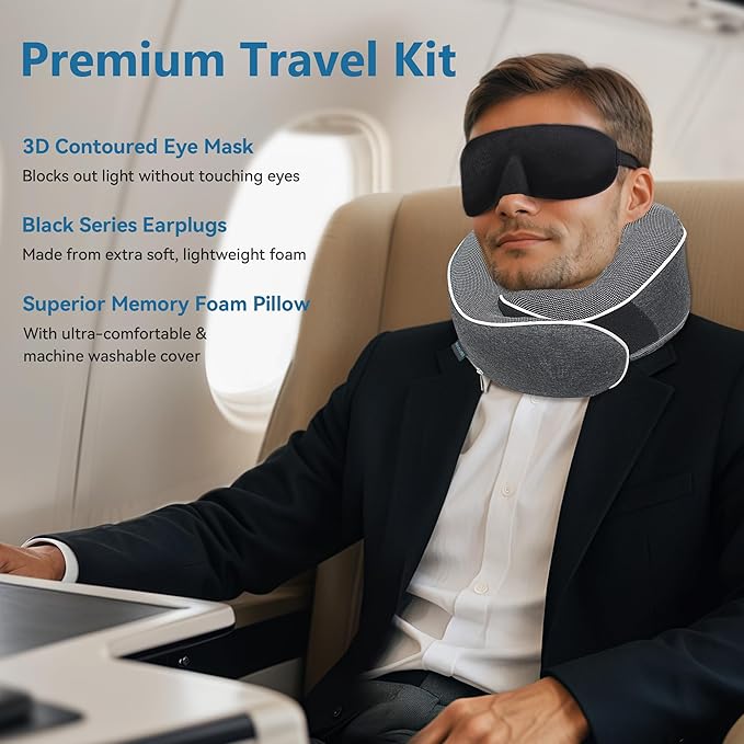 Travel Neck Pillow 100% Memory Foam – Airplane & Car Travel Essentials Kit with 3D Eye Mask, Earplugs & Mesh Bag – Sleeping Support Pillow for Adults (Dark Grey)