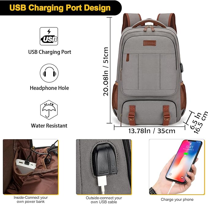 Tzowla Canvas Laptop Backpack, Bag for Men Women,Travel Work Rucksack Fits 17.3 Inch Laptop, Bookbag with USB Charging Port