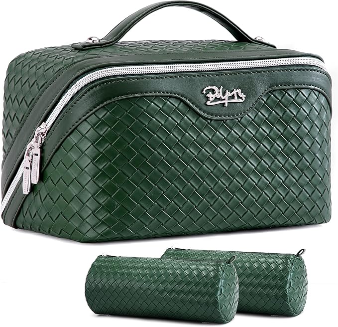 BOYATU Travel Makeup Bag Cosmetic Bags for Women: Large Capacity 3 Pcs Set Make up Bag with Compartments - Waterproof Vegan Leather Toiletry Organizer Bags with Handle - Travel Essentials(L06 Olive)