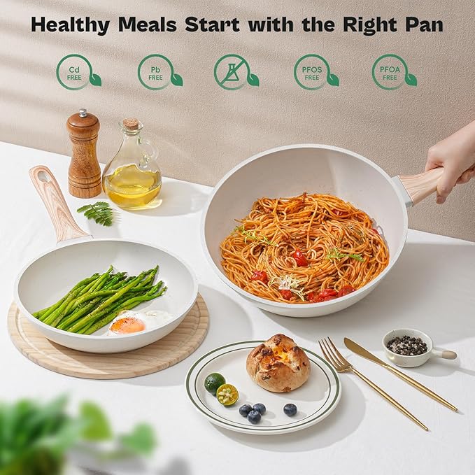 13 Pcs Pots and Pans Set, Nonstick Cookware Sets White Granite Induction Cookware, Non-toxic Healthy Non stick Kitchen Cooking Set with Frying Pans Set, Saucepans (PFAS/PFOA/PFOS Free)