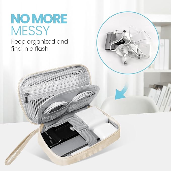 Electronics Travel Organizer,Portable Waterproof Electronic Travel Storage Bag for Small Charging Cord Storage,Charger,Small Electronics,SD Card,with 5 Cable Ties,for Travel,Business-Beige