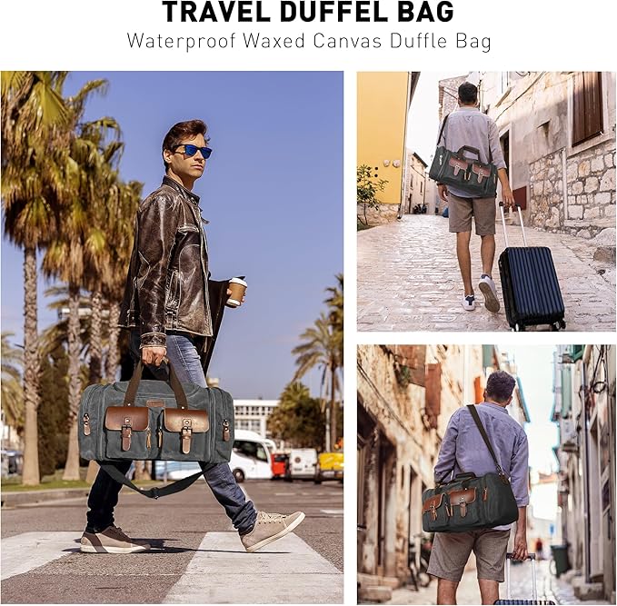 Wildroad 60L Travel Duffel Bag, Expandable Waxed Canvas Genuine Leather Duffle Bag Upgraded Overnight Weekender Bag Carry on Bag (Vintage Black, X Large-60L)