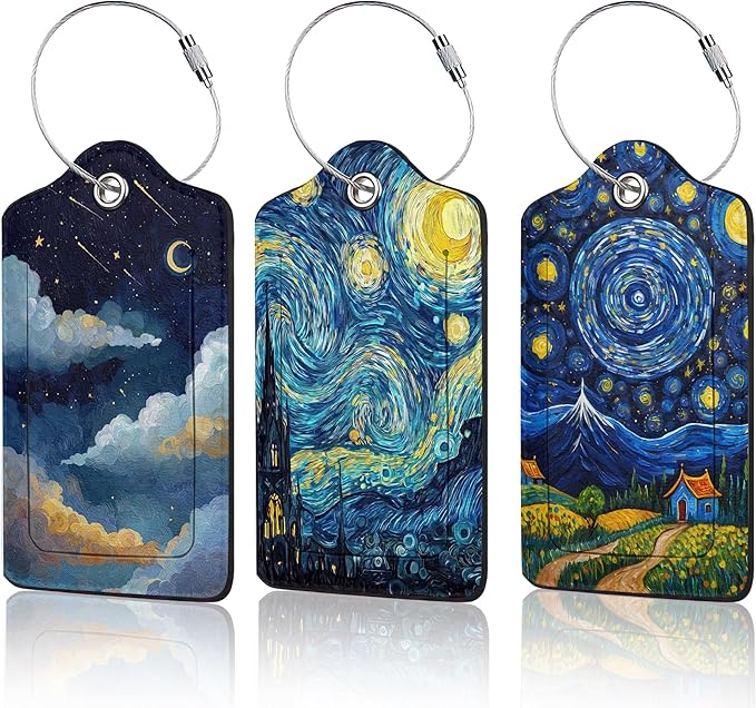 Starry Night Luggage Tags for Suitcase,3 Pack Luggage Tag Leather Privacy Cover ID Label with Stainless Steel Loop for Women Men