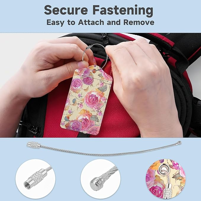 2 Pack Luggage Tag for Suitcase,Retro Flower Rose Leather Suitcase Tags Identifiers with Privacy Name Address Labels and Durable Steel Loop for Women Men Travel