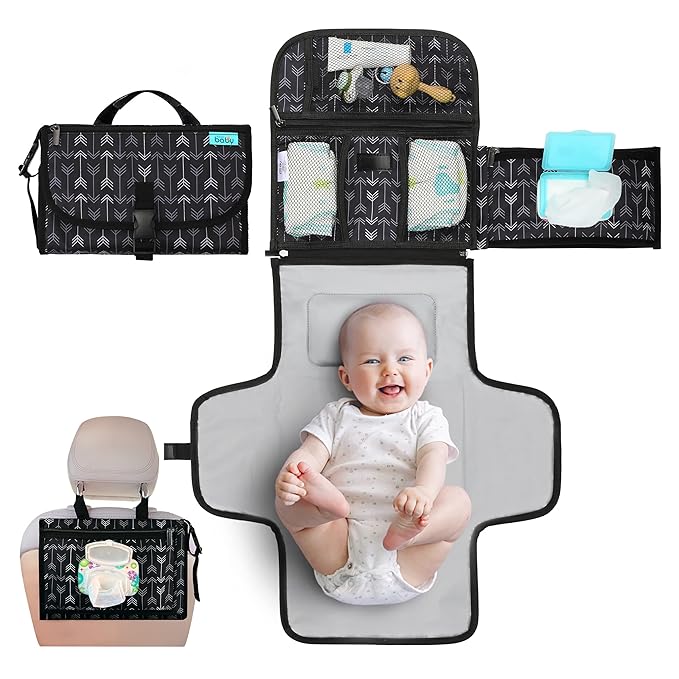 Kopi Baby Portable Diaper Changing Pad - Baby Diaper Changer Travel Bag with Wipes Pocket, Smart Design Portable Changing Mat, Infant Travel Station Kit, Gift for Newborn Girl & Boy - Black Arrows