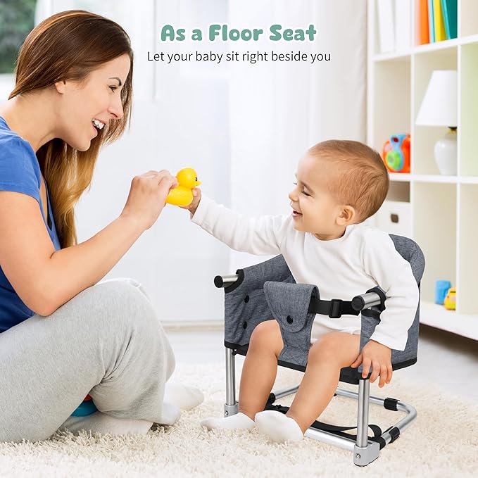 Booster Seat for Dining Table: Portable Toddler Booster Chair with Safety Buckle and Height Adjustable, Foldable Baby Feeding Chair, Kids High Chair Booster Seat for Kitchen Home Travel - Grey