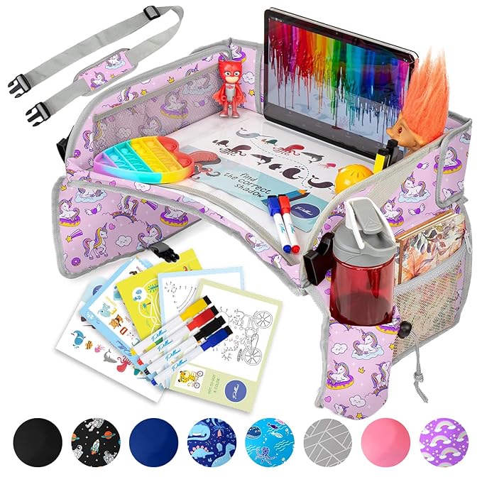 PILLANI Kids Travel Tray for Car - Car Seat Tray for Kids Travel, Road Trip Essentials Must Haves - Carseat Table Roadtrip Activities - Toddler Lap Desk Organizer for Airplane - Kids Travel Essentials