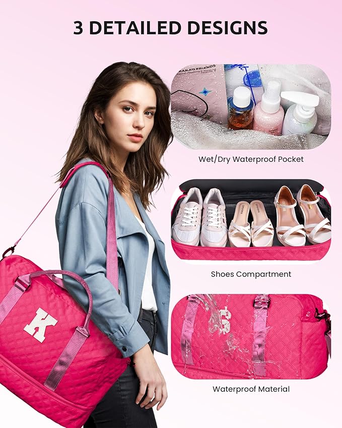 Monogrammed Gift for Woman, Gifts for Women-Initial Travel Bag with Shoe Compartment, Personalized Weekender Bag, Monogram Overnight Bag for Women, Travel Bag with Makeup Bag (Letter I)