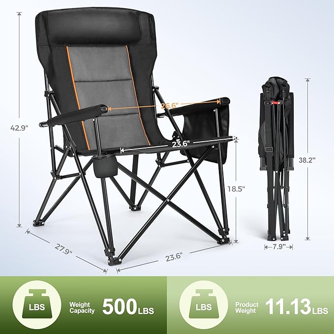 LET'S CAMP Oversized Camping Chairs 29.52" High Back Heavy Duty Lawn Chair Support 500LBS, Portable Collapsible Chair with Cup Holder, Side Pocket,2 Pack(Black)