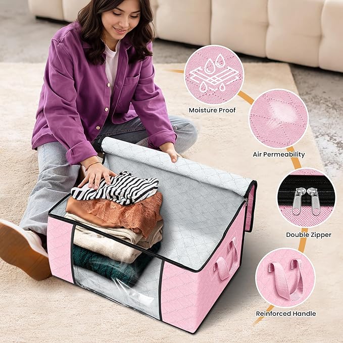 Fab totes 10 Pack Clothes Storage, Foldable Thick Fabric Blanket Storage Bags, Containers for Organizing Bedroom, Closet, Clothing, Comforter, Organization with Handle,Pink