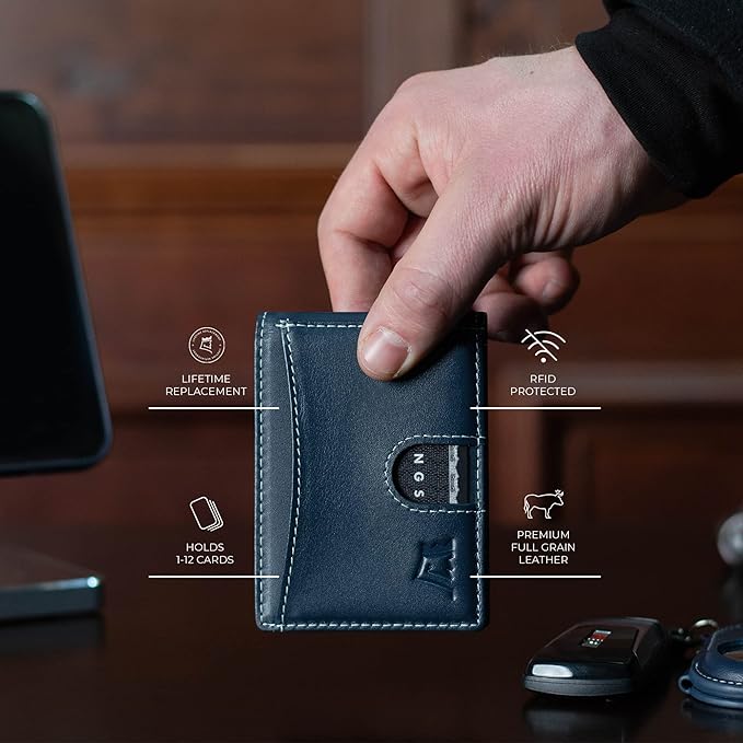 Kings Loot Custom Wallet for Men | Engraved Leather Slim Wallet with Money Clip | Personalized RFID Blocking Design | Minimalist & Stylish Wallets (Blue)
