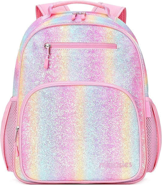 mibasies Girls Backpack 5-8: Glitter Kids Backpacks for Girls - Girl Bookbag for Elementary School - Rainbow Pink