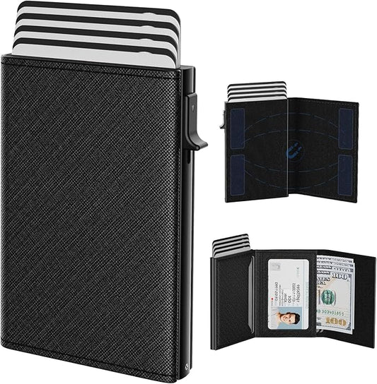 typecase Mens Wallet Card Holder: Pop Up Aluminum Case, Genuine Leather, Smart, RFID Blocking, Slim, Minimalist, Front Pocket - 9-14 Card Capacity | ID Window | Cash Slot (Cross Black)
