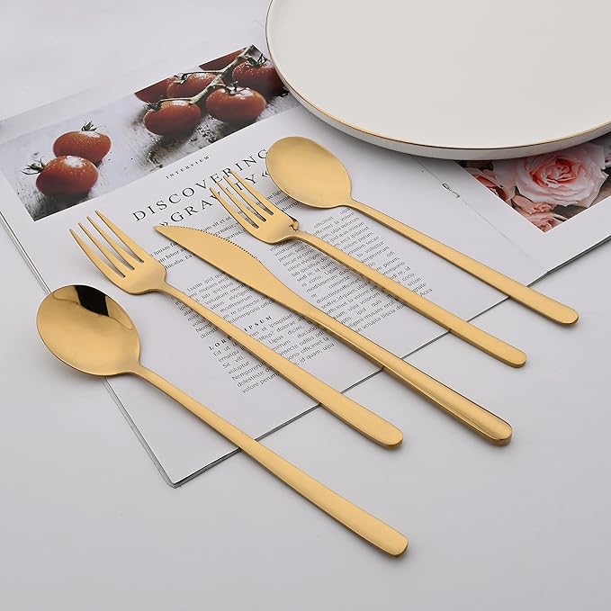 20 Pieces Silverware Set 304 Stainless Steel, Healthy & Eco-Friendly Silver Travel Mirror Polished Gold Knife Fork Spoon Salad Fork Dessert Spoon Flatware Set, Service for 4