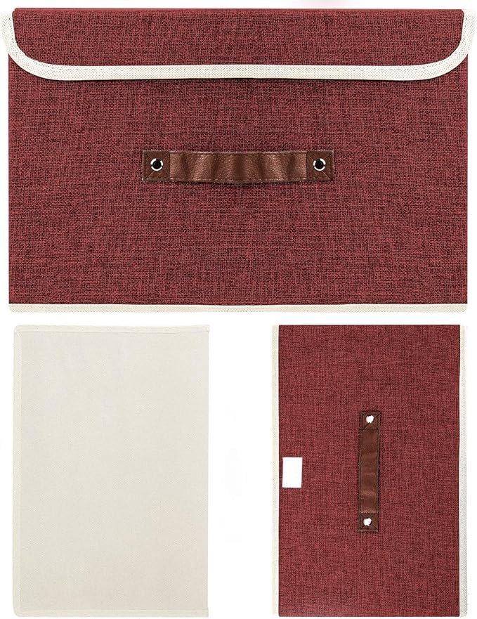 TYEERS Collapsible Storage Boxes, Washable Fabric Storage Bins with Lids, 14.9x9.8x9.8 inches, 2 Pack, Red Wine