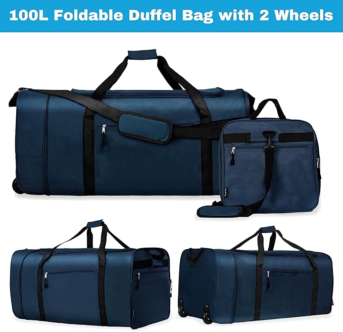 Finnhomy 100L Foldable Rolling Duffel Bag with 2 Wheels, Light Weight Travel Duffel bag with Large Loading Capacity, 32 inch Rolling Duffel bag with Shoulder Strap for Travel Camping Sports, Dark Blue
