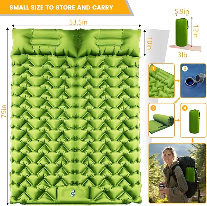 Double Sleeping Pad, Ultralight 4in Extra-Thick for 2 Person with Built-in Pillow & Foot Pump Sleep Mat, Compact Inflatable Camping Mat for Backpacking Hiking Travel Tent Camp Gear Gifts