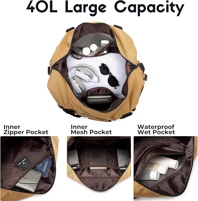 SUNNY BIRD Duffel with Utility Pouch, 40L Weekender Overnight Bag with Shoe Compartment for Travel and Sports (Brown and black)