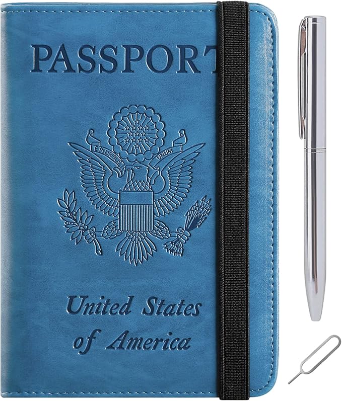 Passport Holder Cover Wallet Travel Essentials RFID Blocking Leather Card Case International Must Haves Travel Accessories for Women Men(113#Blue)