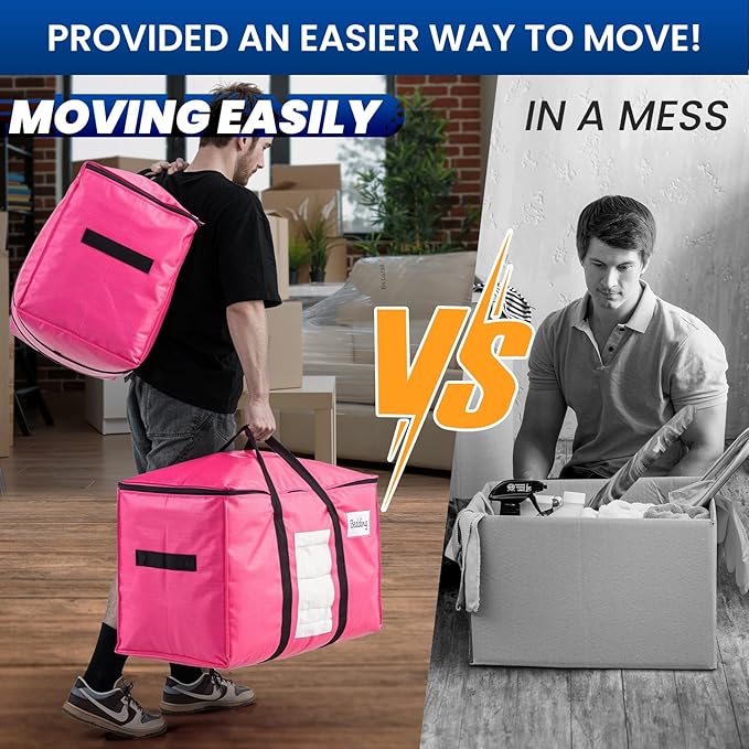 TAILI 6 Pack Pink Extra Large Moving Bags, Heavy Duty Totes with Visible Window, Wrap Around Handles, Space-Saving Storage Solution, Alternative to Moving Boxes