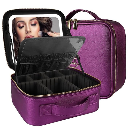 MOMIRA Travel Makeup Bag Cosmetic Bag Makeup Organizer Bag with Lighted Mirror, Adjustable Brightness in 3 Color Scenarios, Waterproof Makeup Train Case, Gift for Women - Brilliant Purple