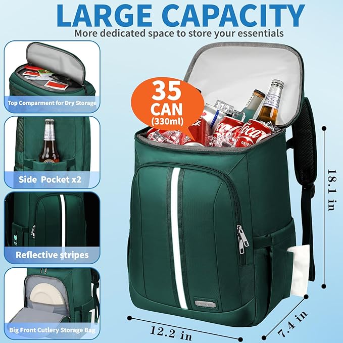 Backpack Cooler Insulated Leak Proof 35 Cans, 2 Insulated Compartments Thermal Bag, Portable Lightweight Beach Travel Camping Lunch Backpack for Men and Women, 30L, Reflective Stripes, Water-Resistant