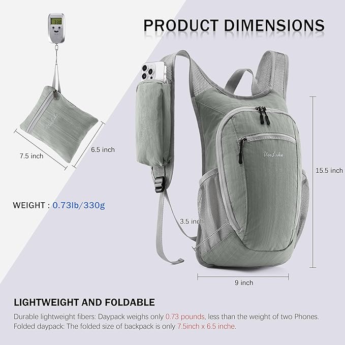 10L Small Hiking Backpack Travel Daypack Lightweight Packable Back Pack for Women Men(Light Grey)