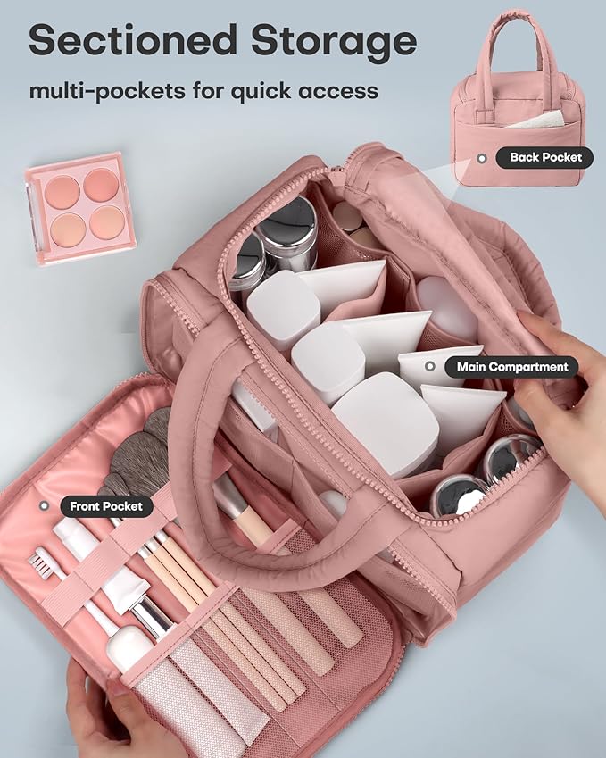 HOTOR Travel Toiletry Bag - Wide-Open Toiletry Bag for Women, Multi-Pocket Makeup Bag for Travel Essentials, Wet & Dry Separation Travel Accessories for Trip, Gym, 11.4" x 5.9" x 8.3", Dark Pink