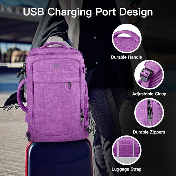 60L Carry On Backpack, Extra Large Laptop Backpack, Big Capacity Travel Backpack for Women, Expandable Water Resistant Bag Anti-Theft Business Daypack Fit 18 Inch Laptop with USB Port,Purple